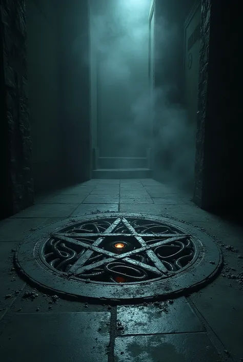 A dark pentagram on the floor, glowing demonic eyes in the center, slimy tentacles coming out of it, dark moody lighting, dramatic shadows, haunting atmosphere, horror fantasy, occult, dark magic, supernatural, chiaroscuro lighting, cinematic composition, ...