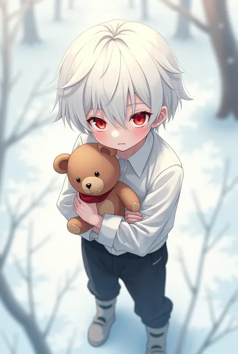 an  boy, low, You have white hair ,  white skin and red eyes .  He is holding a little brown teddy bear and is wearing black pants and a white blouse. Uma foto do angulo de cima para low e o menino olhando para a camera. The background is snowy because its...