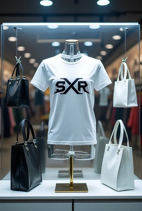 SXR Front View Advertising Photos Selling Totebag Bags Display Decorations In Front Of The Store, With Transparent Acrylic Sheet In Silver Grey Luminous Mirror Surface With Laser Lights, Elegant Look, SXR Logo Studded Steel Pins That Show 1 Black And 1 Whi...