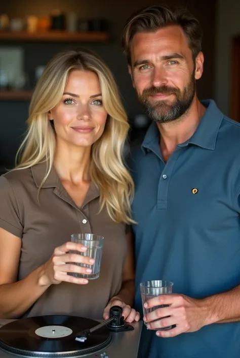  BLONDE WOMAN,  with very beautiful green eyes ,  wearing a brown linen polo t-shirt security a cup,  next to her a 44-year-old man ,  with a beard,  wearing a blue polo shirt , holding a glass cup .  The two are standing in front of a vinyl player .