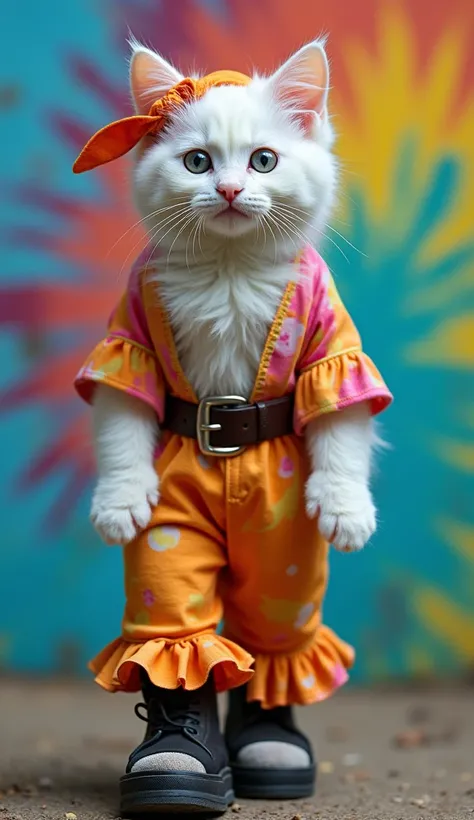  real white kitten 、A kitten about half a year old 、 cute face、 is facing the front、 and hands hanging to the sides of the body 、False eyelashes、 walking on two legs、 standing on its back legs、


Im wearing a flashy, psychedelic, brightly colored blouse wi...