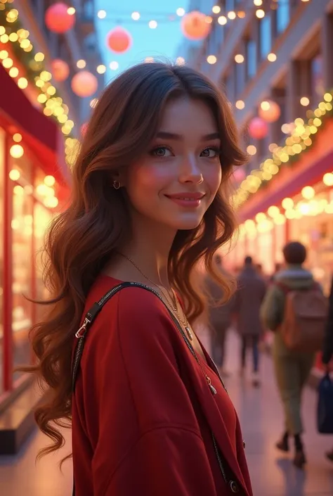 Beautiful girl with wavy hair in a New Years shopping center 