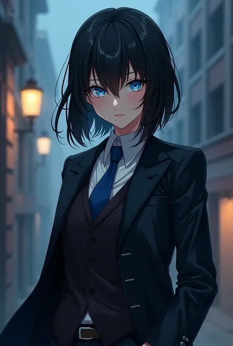 I would like to create an anime character ,  similar to Loid Forger but with black hair and light blue eyes