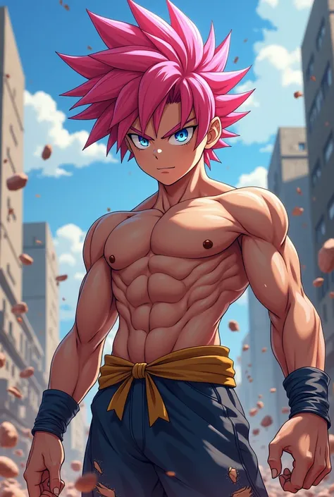 anime pink haired boy has super strength