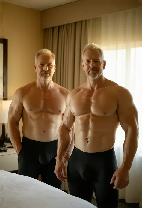 side view, two 53 year old beefy, stocky and muscular blond white men, theyre in their sunny hotel room, they have a big round (((massive ass))) and they’re wearing latex speedos, they have big puffy nipples, they’re clean shaven, the’re cocky, arrogant, s...