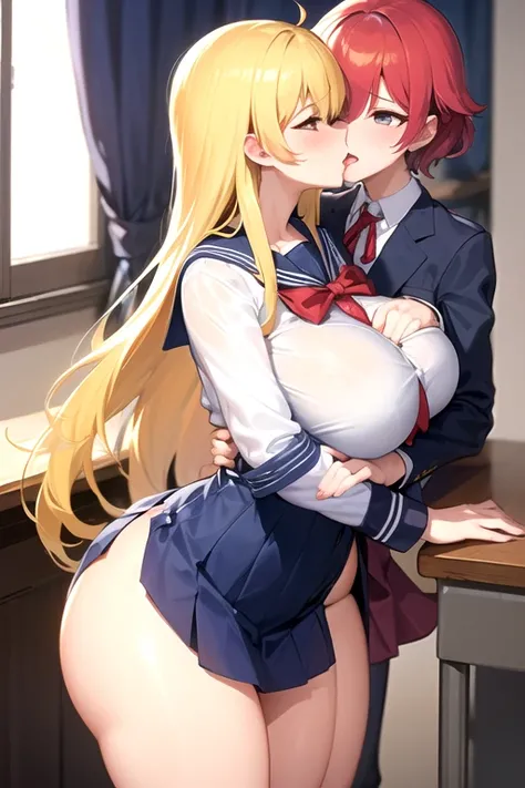 lesbian (very long loose yellow hair)( big breasts,  big thighs)(with school uniform clothes it is very tight) that he is kissing and touching his parts at school with his girlfriend(that they are in a very sexy and compromising position with their girlfri...