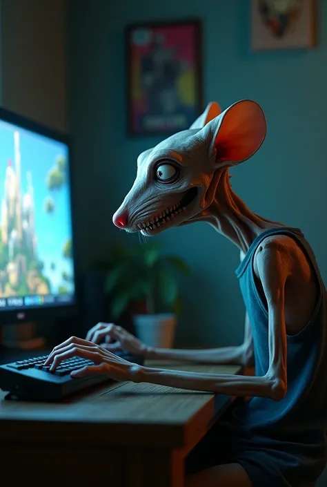 create an ugly and horrible image of a very thin guy with a big nose that looks like a mouse playing Fortnite in a very realistic and human-like stye