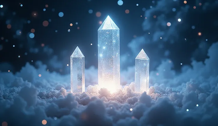 Depict a mystical cosmic landscape featuring tradiant crystals emerging from a luminous mist. The crystals should reflect shades of white, shimmering against a rich backdrop of deep space filled with stars. Suggest a sense of wonder and exploration, captur...