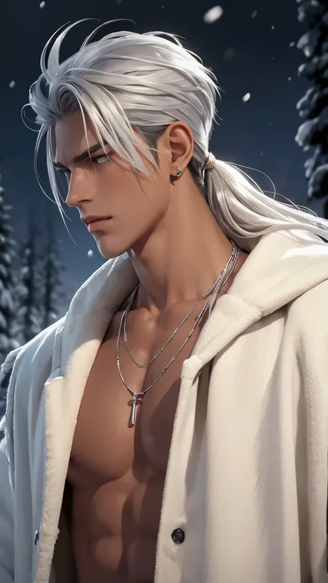  1 boy,Handsome，Tall and strong, the perfect male figure from the bottom up , (( tanned skin )), snow，Beast bone necklace，Animal hides， primitive man，Hair accessories，Silver Hair, serious expression ,Spears 