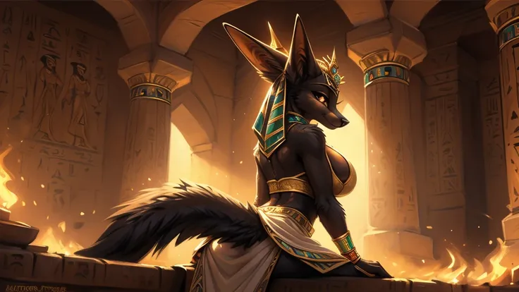 “((A regal female anthropomorphic Anubis sits on an ornately decorated golden throne in a grand, ancient Egyptian chamber)). ((Her sleek, jet-black fur glistens under the soft glow of torches lining the sandstone walls. She has a tall, slender figure, with...