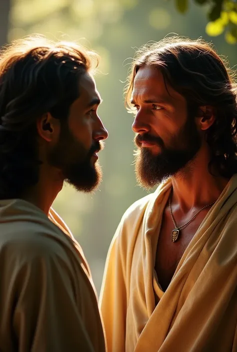 Hyper-detailed photograph of Jesus and Nathaniel talking illuminated with flash, selective focus | ( natural lighting : 1.2),  extremely high resolution details , photographic,  realism taken to the extreme , fine texture,  Incredibly realistic, cinematic,...