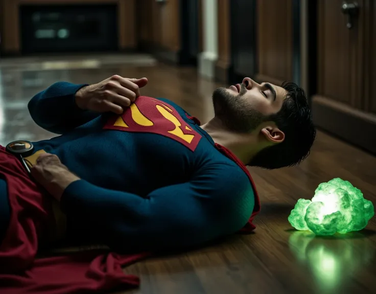 Cody Christian attractive, muscular, strong physique, dressed in a Superman costume, with his head tilted slightly upward and his eyes closed, He lies on the floor, with an expression of pain, along with a small bright green rock that emit dim light. 