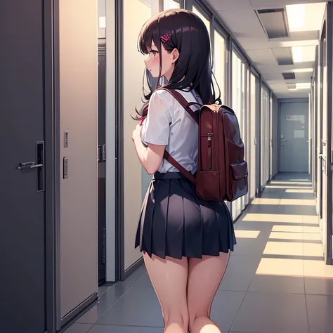  A girl, student, peitoes, blushed, naughty,  school blouse and skirt, morea,  big ass, short skirt, shy, holding the backpack . Standing in the corridor, inshyda. Doki Doki literature club 