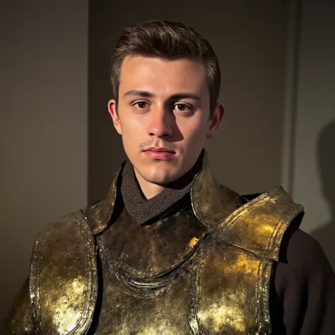 A realistic portrait of a young man wearing ornate medieval armor, viewed from the side but slightly turned towards the front, with a lost and introspective gaze. His facial features are sharp, with short, neatly styled hair, and a calm yet intense express...