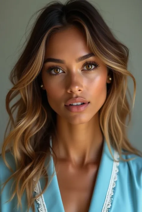 A portrait of a tanned brown-skinned woman without makeup, with striking amber eyes ,  very wavy light brown hair with golden reflections,  wearing a sky blue robe with a white border covering her showing only her face