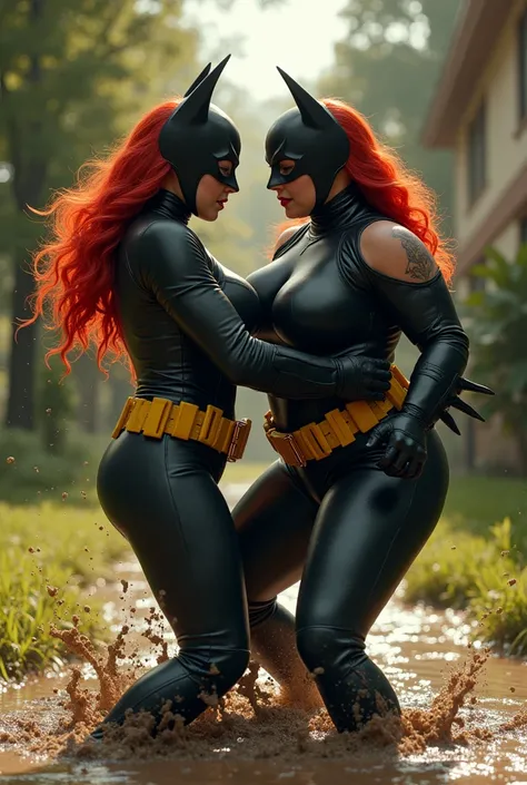 Realistic, teenage girl with red hair hair lift and carry  a 50yr old milf with black hair, 50 yr old wearing black leather batgirl mask and black leather batsuit catsuit pro wrestling body slammed by a teenage girl with red hair, milf wearing black leathe...