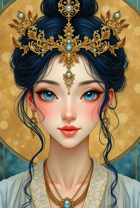 Art Nouveau watercolor painting of 1 princess. Slim oriental with exquisite head ornaments. Beautiful face.  bright blue eyes . Druillet pattern .  Enki Bilal .  looks mesmerizing .  ornate gold background . 