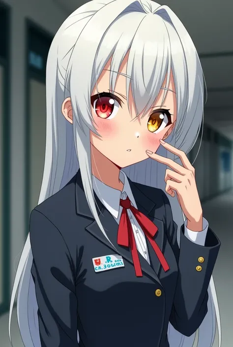 Fondo parque  is  anime style My ACADEMIC HERO has white hair half gold eyes one red and the other yellow in the background of the corridors of the U.. A is wearing the uniform of the U .A is tomorrow mujer  fondo de una pisarra expresion hablando