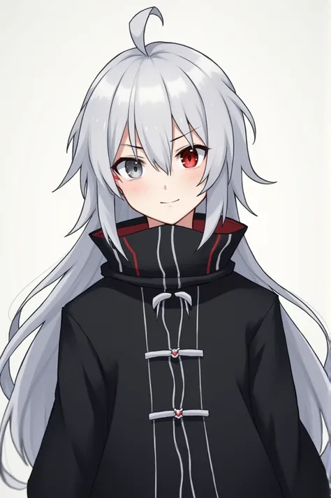 
 create an image of a character : GENDER:  Not Determined
Toshirō has a thin body ,  of a somewhat fragile appearance and fair skin . The hair is white, long and peaked without a definite cut ,  black cloak with white details and greyish-red eyes, With a ...