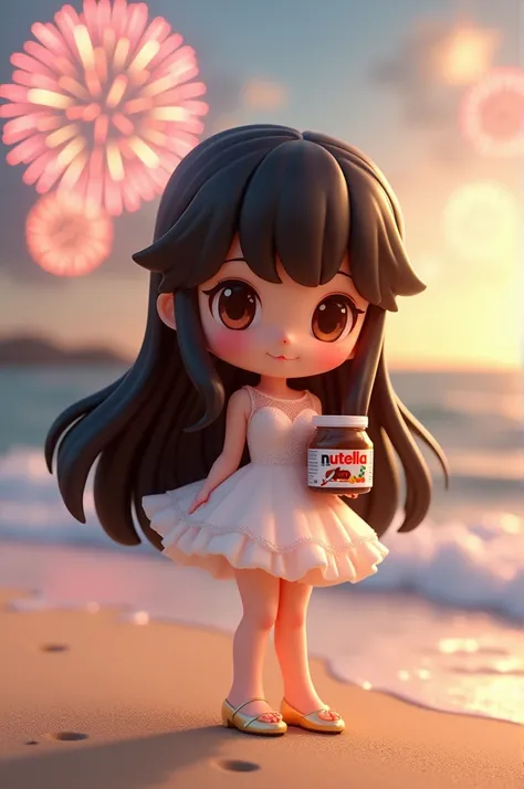  Random chibi style 3D girls dressed in a classic New Years outfit.  She is wearing a white dress with gold heels .  long undulating black hair . she is posing elegantly on the beach and has fireworks in the sky  
. In her hand she is holding a jar of Nute...