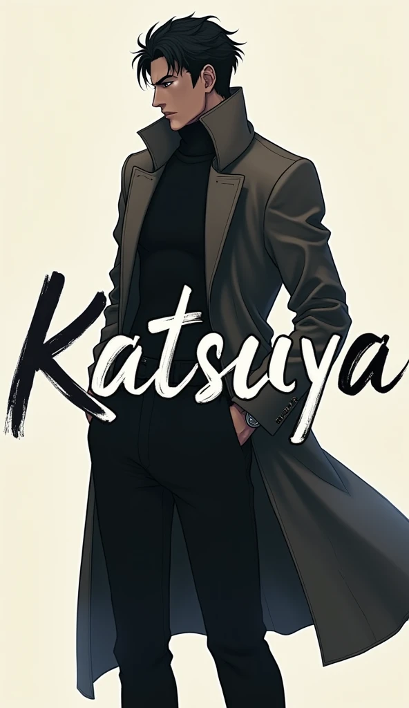 Write the name Katsuya in cursive and write a handsome man about 30 years old wearing a long coat in the background