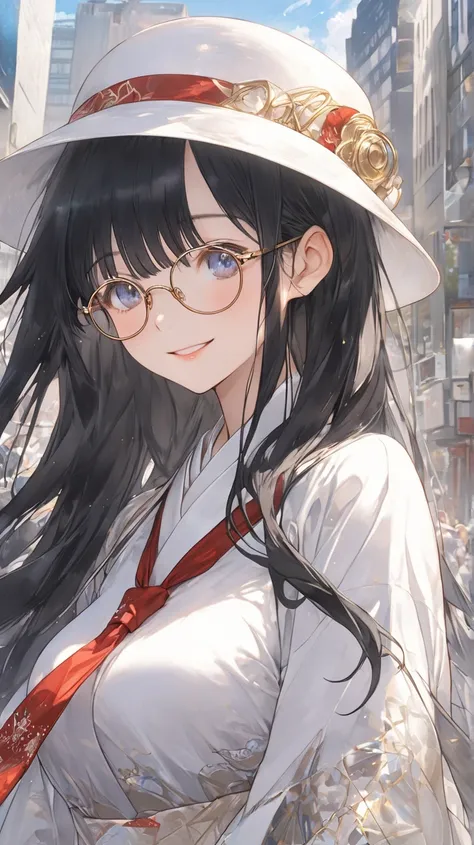 ((slim)) lips, close up, (masterpiece) (character) (highly polished) (smooth texture) in the style of anime, a young girl wearing whitehat and glasses is walking through bustling metropolishe wears traditional japanekimono, and his eyes are filled with joy...