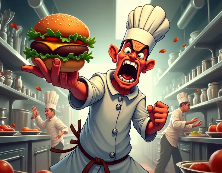 An animated chef like SpongeBob with an angry look holding a hamburger in an industrial kitchen environment.