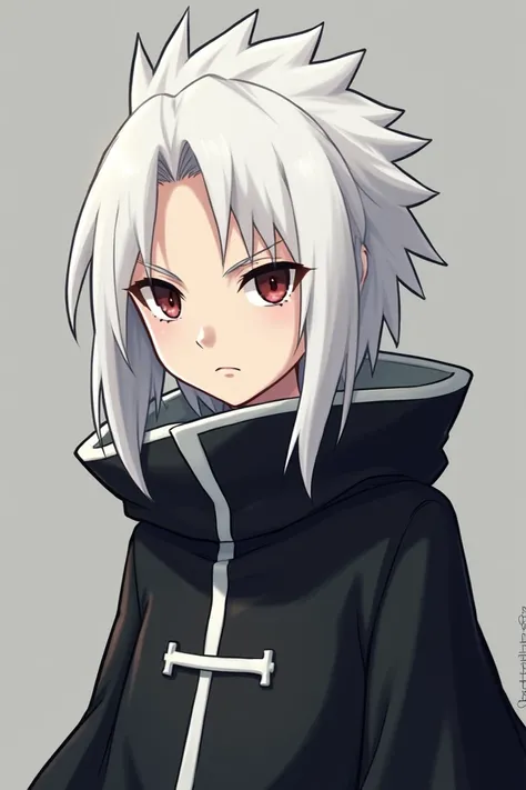 
 create an image of a character : GENDER:  Not Determined
Toshirō has a thin body ,  of a somewhat fragile appearance and fair skin . The hair is white, long and peaked without a definite cut ,  black cloak with white details and greyish-red eyes,  with a...