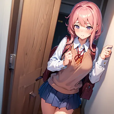  A girl, student, peitoes, blushed, naughty,  school blouse and skirt, morea,  big ass, short skirt, shy, holding the backpack . Standing in the corridor, inshyda. Doki Doki literature club 