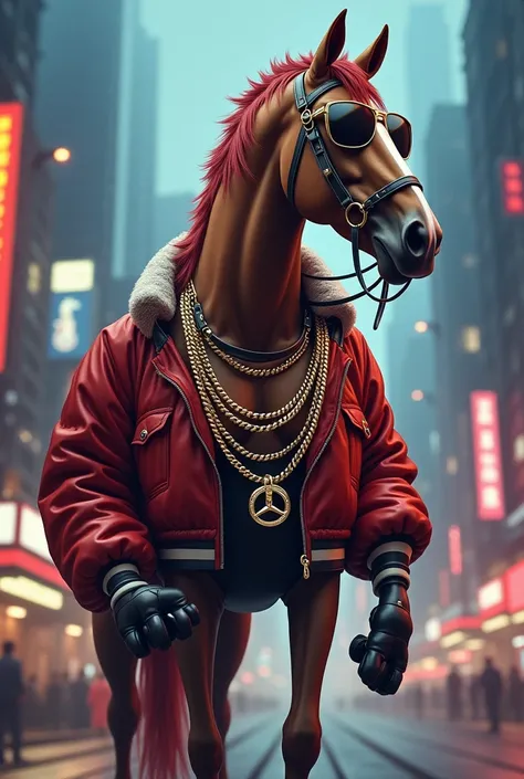 Incredible horse wearing rapper costume and mans body 