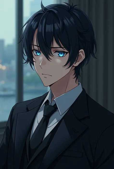  Create a male anime character inspired by Loid Forger,  with straight black hair , AND LIGHT BLUE EYES, From anime and may I be a man  