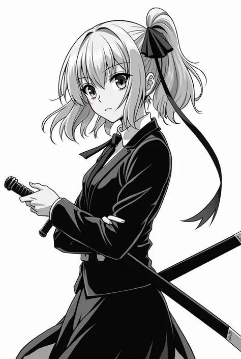 girl,  any hair , Manga style, Manga style, Nanatzu doesnt cut ,  gentlemans suit , and sword,  poses looking away ,  full body, style nnt ,  with a strand coming out of her hair,  Black and white, Manga style, attacking the camera ,  with a half angry fac...