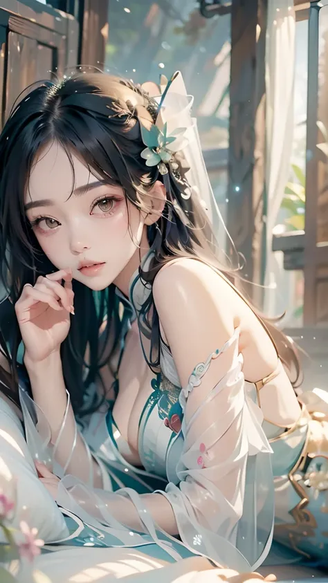 Reality，illustration，fantasy，ancient chinese mythology，Yokai，beauty， Sexy ，  jade fox woman ，Exposure，  Textured Skin  ,  wearing sexy embroidered dress，  Lying side by side on wooden bed ， watching people ， wallpaper，, 