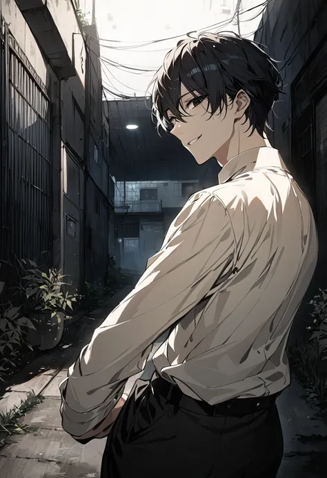  black short hair , black eyes, masterpiece,  best quality,  comfortable pose , Back alley background, , dismal,  Yandere, Stalker ,  dark ,  dark  빛,  Illustration Style ,  serene and elegant atmosphere,  good-looking, ***Alone, 1 male***,  Beautiful,  go...