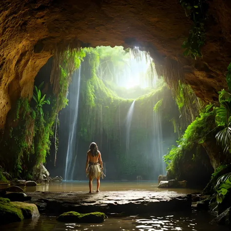  a woman walks in the water in the Amazon cave ,  inside the cave there is a mysterious Atlantean tribal door made of gold,  back view of the girl , Door of terror,  alien door ,  gate of the Mayan tribe ,  Realistic photo, ultra HD,  highly detailed textu...