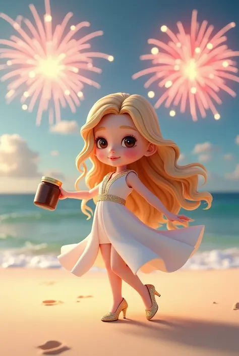  Random chibi style 3D girls dressed in a classic New Years outfit.  She is wearing a white dress with gold heels .  long undulated blonde hair . she is posing elegantly on the beach and has fireworks in the sky  
. In her hand she is holding a jar of Nute...