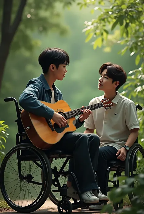 A Jungkook from BTS playing guitar while behind Taehyung in a wheelchair admiring him