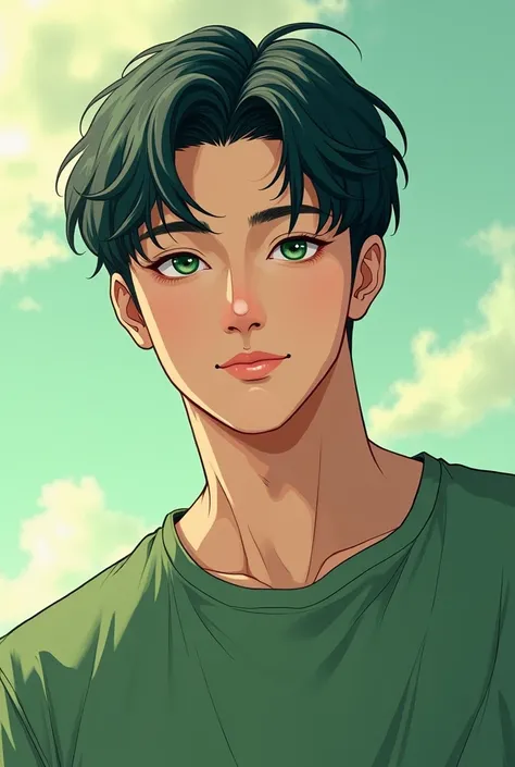 Create a color image ,  drawing style manhwa bl or novel ,  the background has to make it stand out ,  the style is omegaverse so there must be pheromones Around the character of a green color ,  the background can being a hostel or a beach .  The The imag...