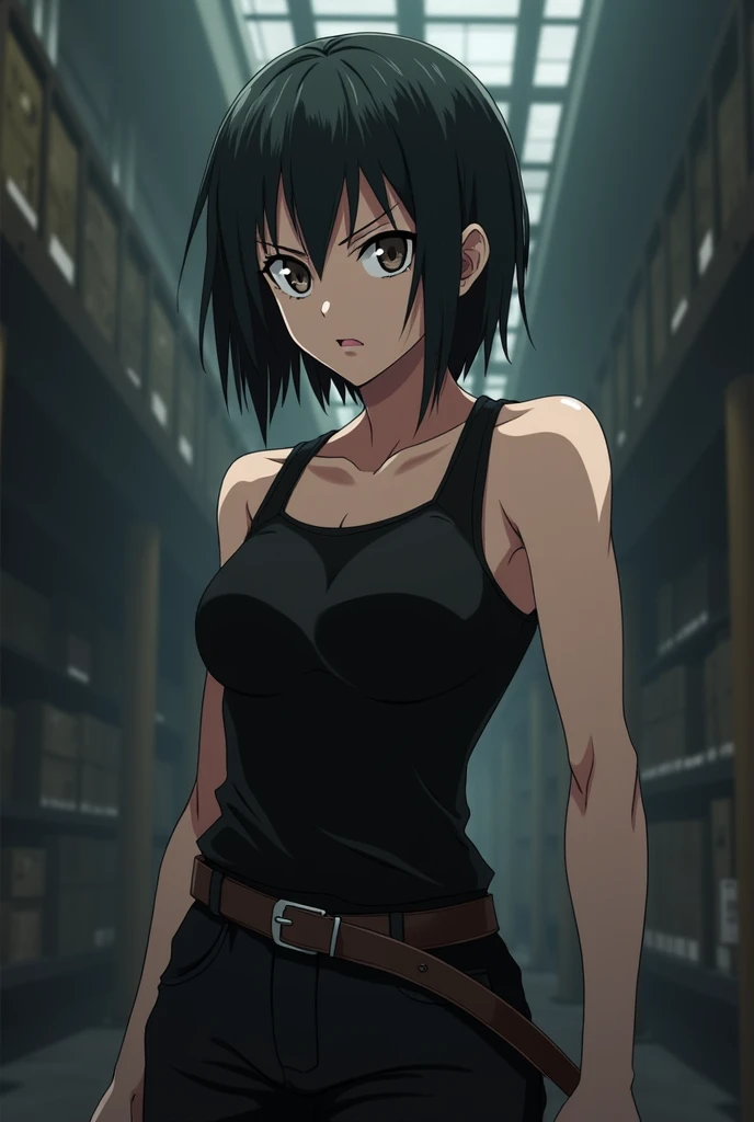 Create a character that looks like Megumi from Jujutsu Kaisen, strong and with a black tank top