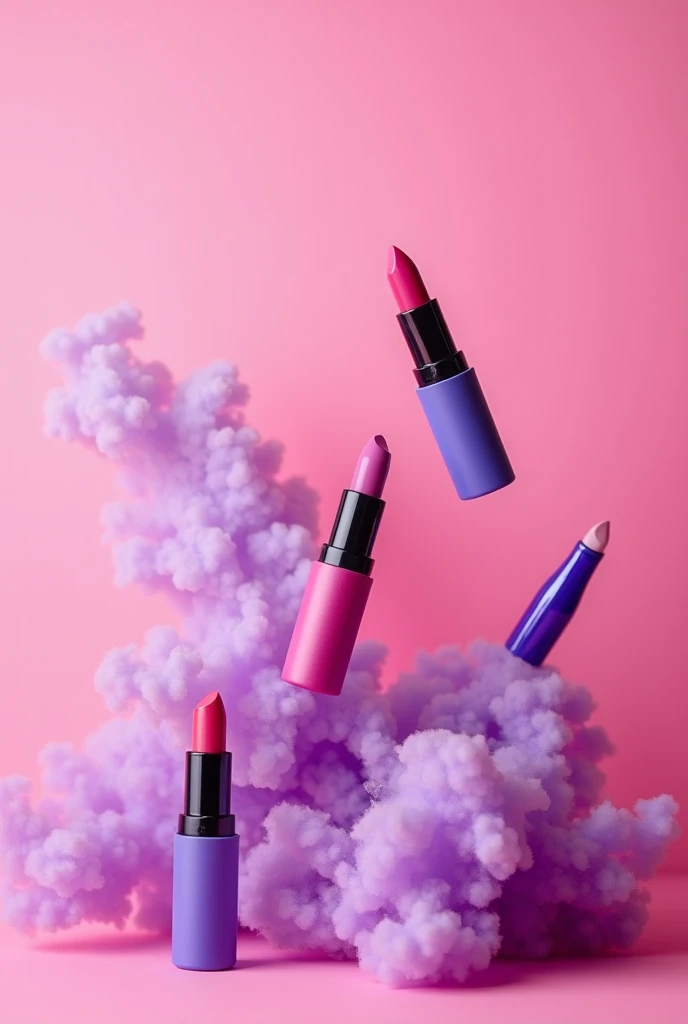 purple lipstick are flying in the air with a pink background, play, playful composition canon, smoke grenades, pink and purple, 🕹️ 😎 🔫 🤖 🚬, popping colors, glossy, lipgloss, flat lay, purple tubes, playful vibe, 🕹️ 😎 🚬, by Peter Alexander Hay, lipstick, pr...