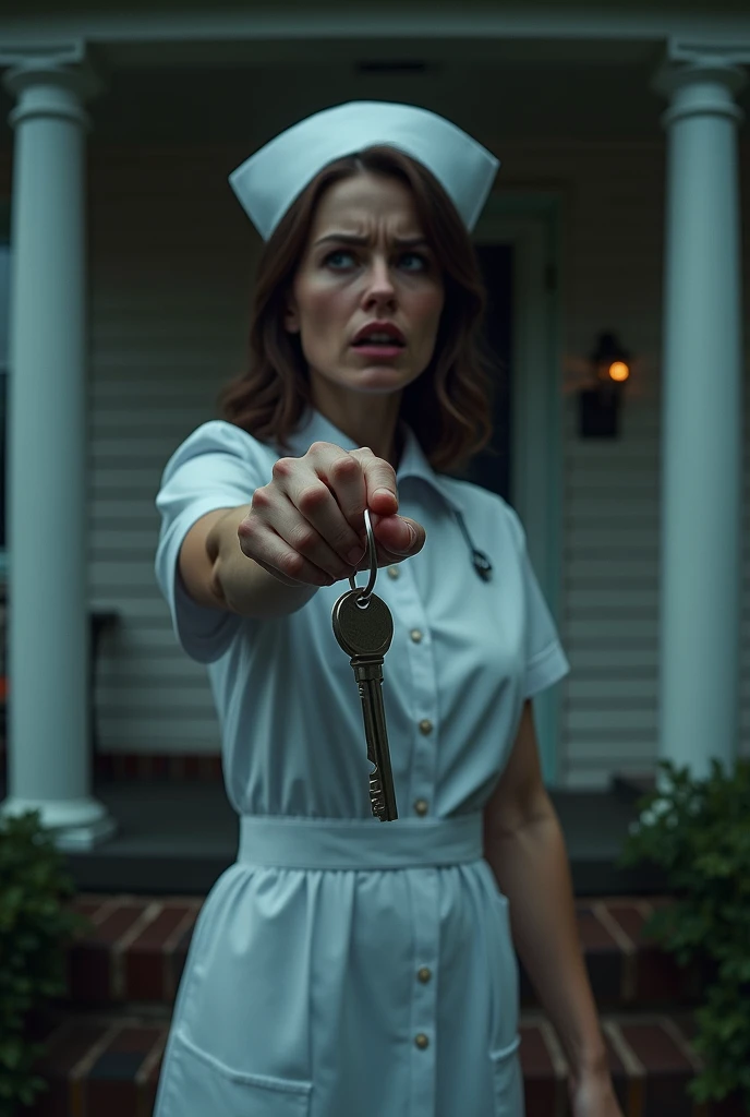 Frightened nurse in front of her house with the house key in her hand