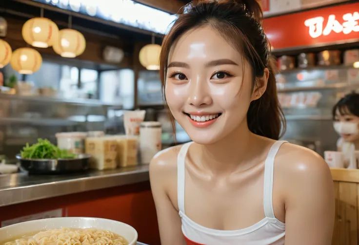 Realistic photo of (1cute Korean actress), tank top, in ramen shop, smiling, Canon EOS, clear facial features, close up portrait, cinematic mode, 8K