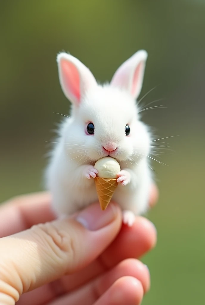 There is a little bunny on the finger ， Little Minzis body is the size of a nail cover ，White furry， It holds a small object similar to ice cream in its mouth。Natural background blurry ， to highlight the cute image of Little Minzi 。 a clear cute image of a...