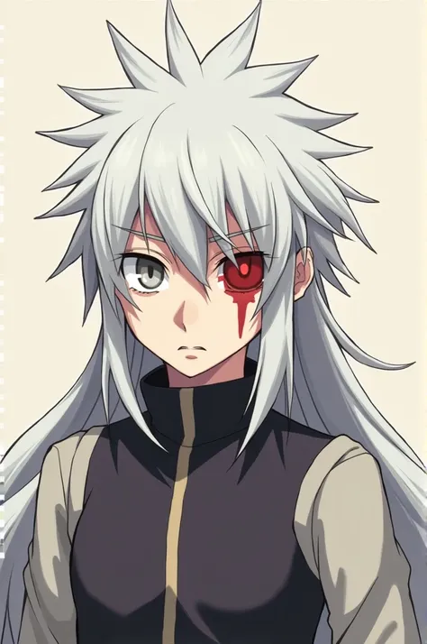 
 create an image of a character : GENDER:  Not Determined
Toshirō has a thin body ,  of a somewhat fragile appearance and fair skin . The hair is white,  very long and peaked without a definite cut , and gray-red eyes ,  with a scar on the eyes made of a ...