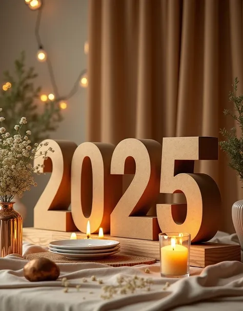 Professional photo of a cinematic 2025 number of new year made of Kraft boxes, at a beautiful commemorative new year setup.