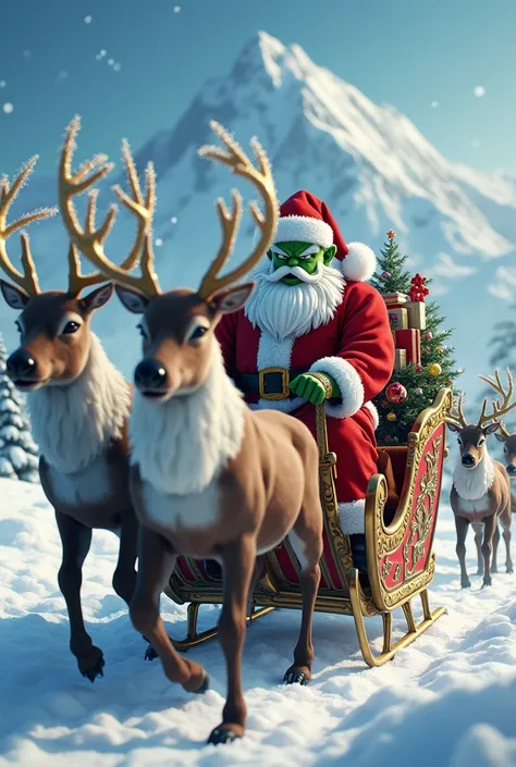 Santa who looks just like Piccolo from the anime Dragon Ball, Riding a sleigh pulled by reindeer through the snow