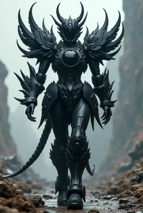 **(( create an image about a character walking in an apocalyptic landscape ))**

" A powerful fusion of female Gundam ,  Female Kamen Rider and female Megazord ,  creating a monstrous armor that personifies darkness .  The armor is translucent black ,  wit...