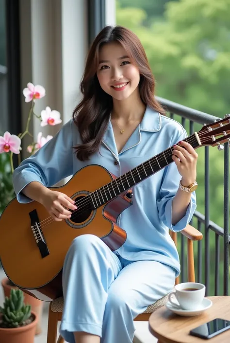 A beautiful woman from Korea, with a slightly curvy, well-proportioned body, is smiling at the camera, wearing a complete set of pajamas in a combination of baby blue and light silver, wearing slider sandals, wearing a small gold necklace, wearing a brande...