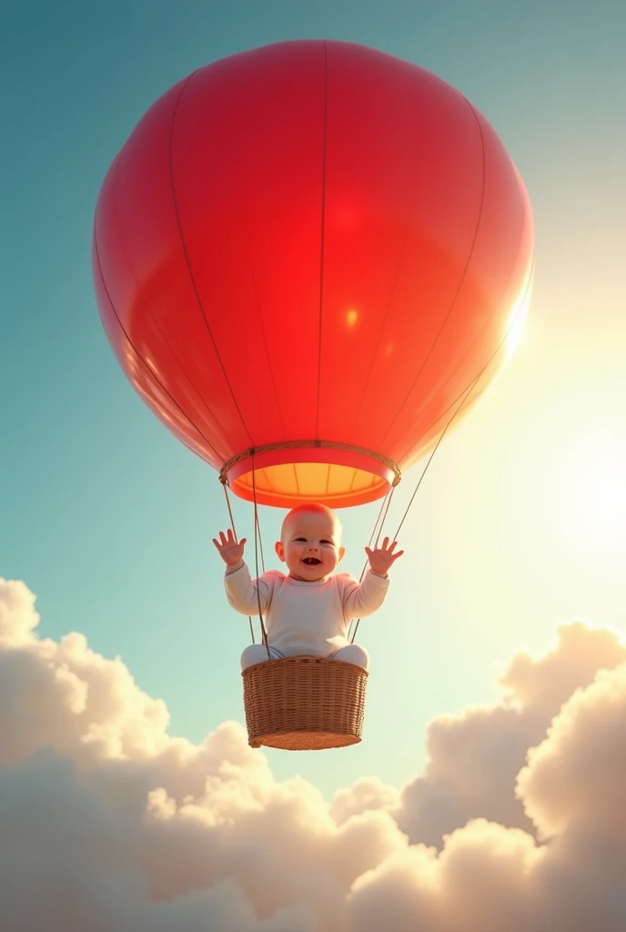 
A hyper-realistic baby, dressed in a soft white onesie, sits comfortably inside a giant red air balloon floating high in a bright blue sky. The translucent balloon glows with a rich, glossy red color, catching the sunlight and casting a warm hue around th...