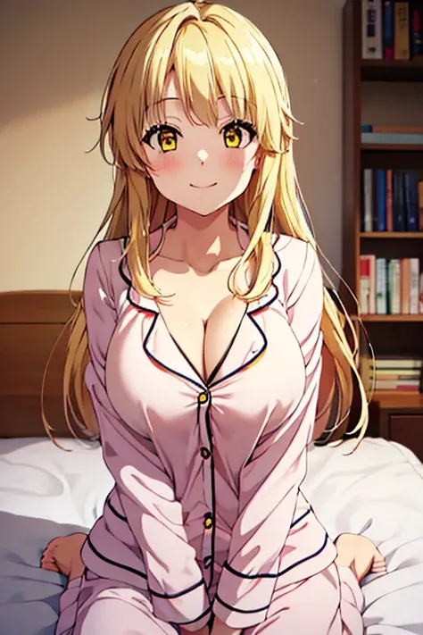 anime,  upper body,  cute,  Chest shape is clear ,  super high definition , 8k,  high school girl,  cleavage, Underboob, Sideboob,  chest exposure, A well-fleshy body, smile, bedroom, pajamas, Blonde,  yellow eyes , Kokoro Tsurumaki, 